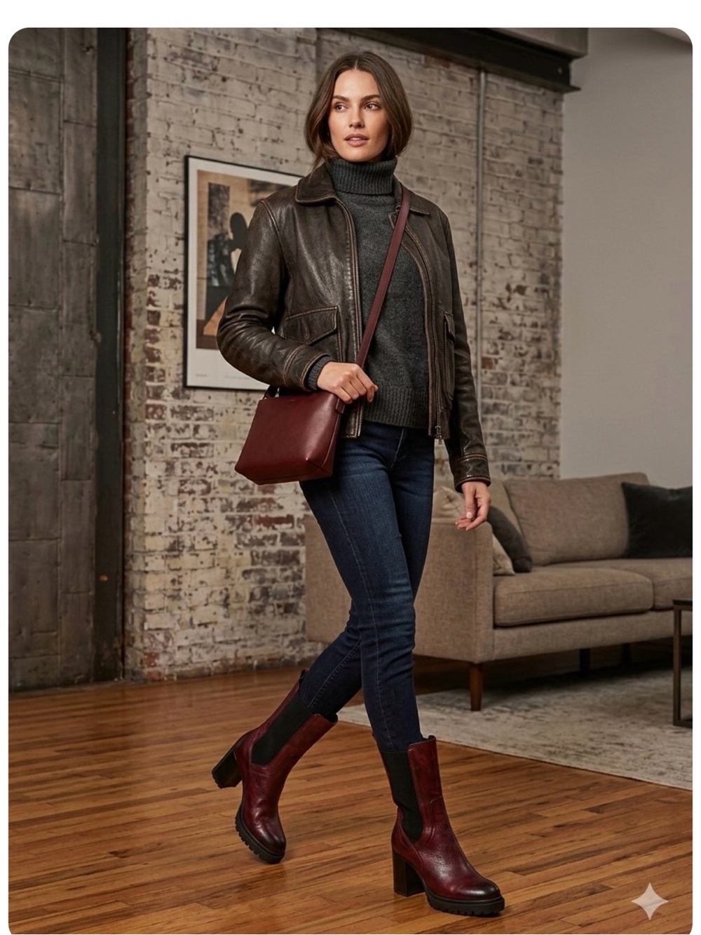 Women's Burgundy Leather Mid-Calf Heeled Chelsea Boots